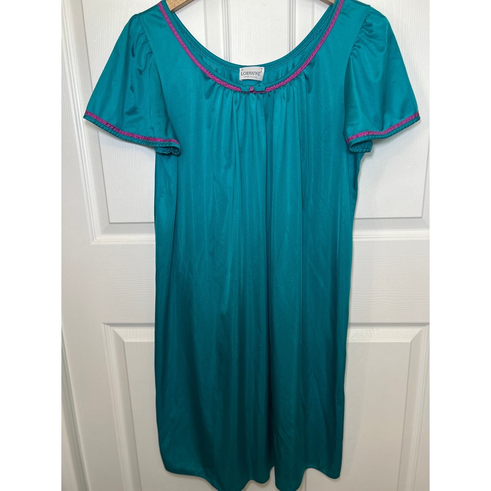 Lorraine Teal‎ Blue Nylon Nightgown Medium Pink Trim Vintage Made in USA